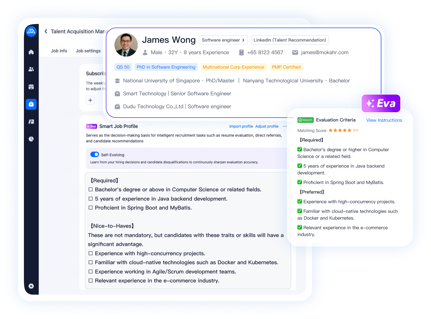 Moka Eva screens and matches candidates against your Smart Job Profile with multi-dimensional weighting